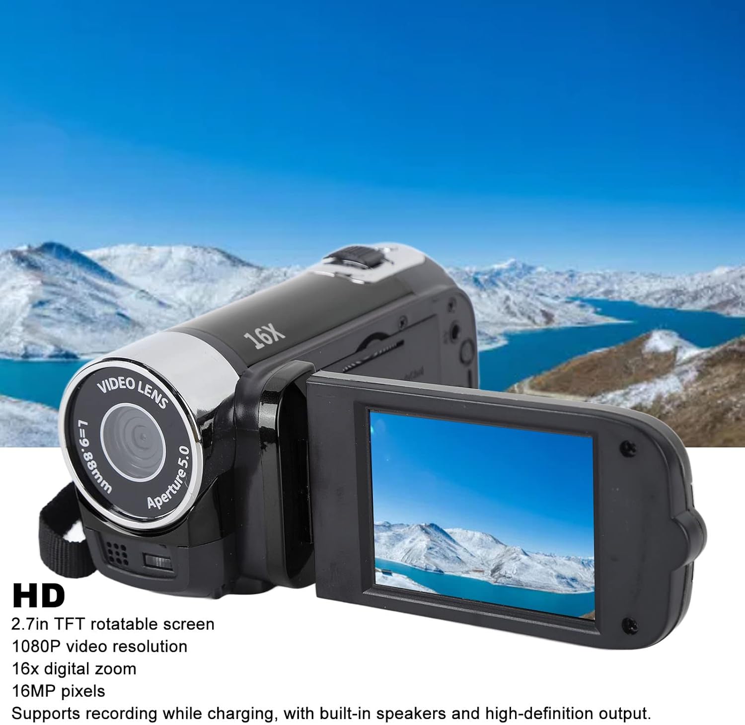 1080P HD Camcorder, 16MP DV Camera with 16x Digital Zoom, 2.7in TFT Rotatable Screen, Built-in Speakers, USB (Black) - Image 4