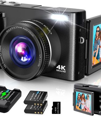4K Digital Camera for Photography, UHD Autofocus 48MP 180° Flip Screen 16X Zoom Compact Point Shoot Vlogging Camera for YouTube with 2 Batteries, 32GB Card (Black)